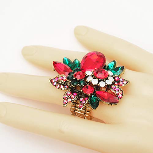 CSY Luxury Women's Austrian Crystal Leaves Flower Big Cocktail Statement Rings Stretch Adjustable Ring Jewelry Accessories - color: Red