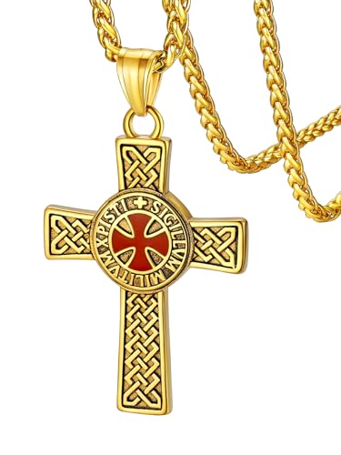 FaithHeart Knights Templar Necklace for Men, Christian Necklace for Men Stainless Steel Pendant Neckalces Christian Gifts with Gift Box - color: 02. Cross-Gold