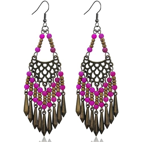 Handmade Vintage Bronze Bohemian Long Tassel Colorful Bead Dangle Drop Earrings Big Tribal Chandelier Geometry Hook Earrings for Women Statement Jewelry Gifts - color: Rose purple