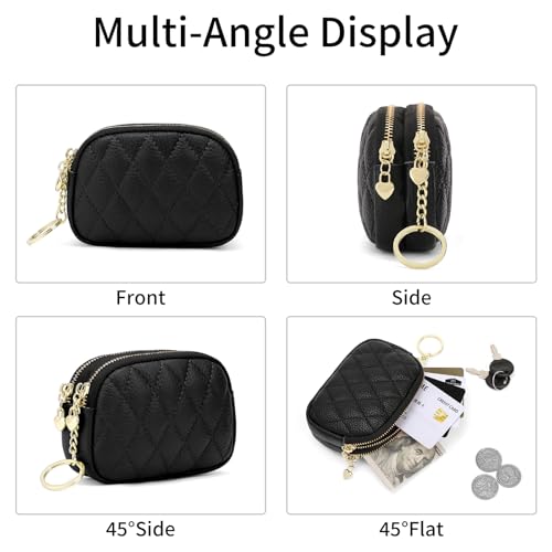 SENDEFN Women's Coin Purse Genuine Leather Wallet Small 2 Zippers Change Pouch Purse with Keychain Ring - color: 2-Black