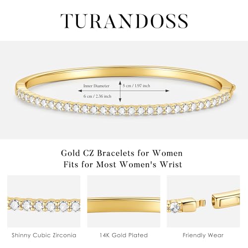 Turandoss Gold Bangle Bracelets for Women - Dainty 14K Gold Plated Tennis Bangle Bracelet Personalized Cubic Zirconia Oval Cuff Bracelets Jewelry Gifts - color: Half CZ Bangle - Claw Tennis