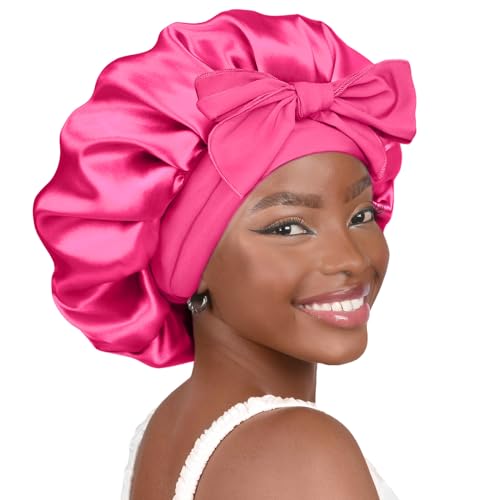YANIBEST Adjustable Satin Bonnet for Sleeping Women Double Layer Hair Wrap Reduce Friction Prevent Frizz Natural Curly Hair - color: Hot Pink