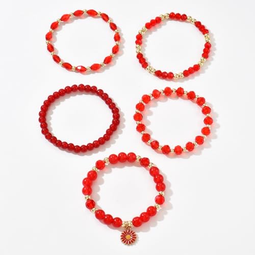 LOTSOF Boho Flower Beaded Bracelet Set for Women - Multilayer Crystal & Flower Charm Stackable Bracelets, Fashion Jewelry Gift for Her - color: Red