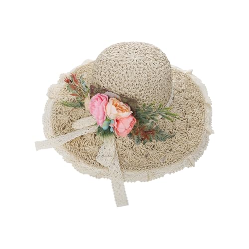 Realistic Flowers Floppy Straw Hats for Women, Chic Wide Brim Lace Trim Bowknot Summer Sun Caps Portable Anti-UV Sun Protection Shopping Fishing Gardening Travel Beach Caps Topee Fisherman Hat Beige