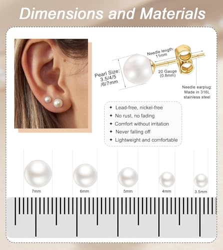 20G Hypoallergenic Surgical Steel Square Pearl Ball CZ Flat Back Stud Earrings for Sensitive Ear, Lightweight Shiny Earrings Studs for Helix Tragus Cartilage Multiple Piercing - color: Gold-E