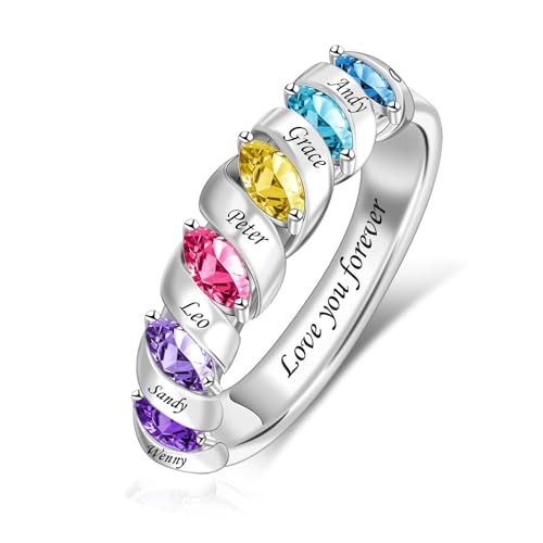 MissNaNa Mothers Ring With 1/2/3/4/5/6 Birthstones Personalized Engraved Name Rings for Women Stacking Birthstone Ring for Mom Grandma Daughter Wife Birthday Christmas Gift - color: 6 Birthstones