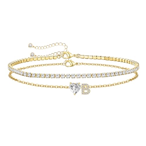Gold Initial Ankle Bracelets for Women Waterproof 14K Gold Filled Layered Anklets for Women Non Tarnish Women's Anklets Adjustable Large Ankle Summer Beach Foot Jewelry - style: Gold-B