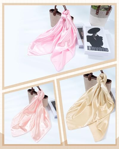 Mesovor 35” Square Head Scarf for Women, 3 Pack Like Silk Satin Headscarf Hair Neck Scarf Top Bandanas for Sleeping - color: Pink + Dusty Pink + Camel