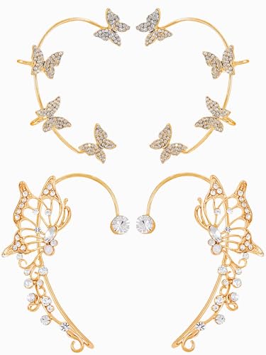 2Pcs Rhinestone Butterfly Earrings Ear Cuffs Non-Pierced Fake Earrings Butterfly Climber Wrap Around Earring Dainty Adjustable Ear Clip Jewelry for Women - color: StyleA-2 Pairs-Gold