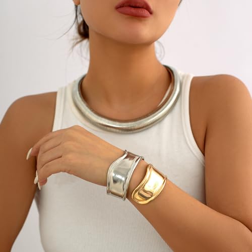 Chunky Gold Collar Choker Statement Necklace for Women Trendy | Gold Plated Layered Twist Flat Thick Snake Herringbone Chain African Torque Necklace Prom Boho Necklaces Party Jewelry Gift - style: Thick Snake Chain/Silver