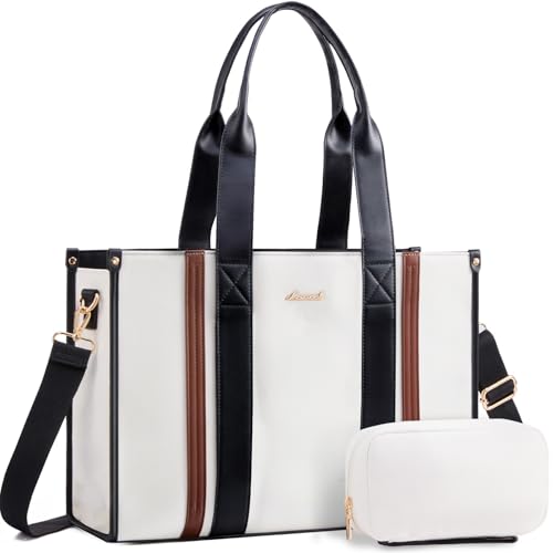 LOVEVOOK laptop bag for women 15.6 inch large canvas work tote bags with Clutch Purse water resistant computer bags for laptops for women Business Office Travel college Casual, Black White Brown - color: Black White Brown, size: 15.6 Inch