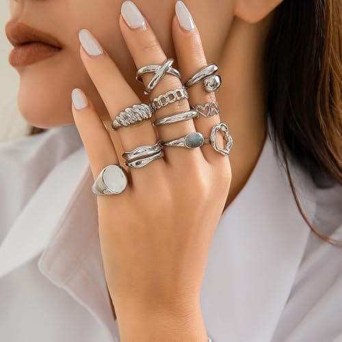 Chunky Rings for Women Adjustable Thick Rings Set Trendy Statement Stackable Ring for Women Chunky Jewlery Irregular Dome Flower Finger Knkuckle Thumb Ring - style: Style 5 - 10pcs s