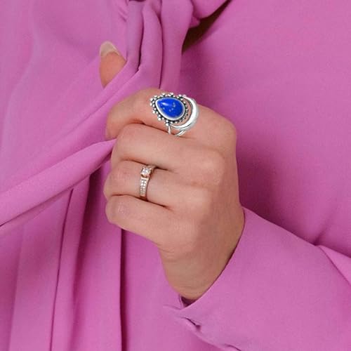 Crescent Moon Turquoise Stone Ring for Women,S925 Sterling Silver Waterdrop Shaped Gemstone Boho Statement Ring Jewelry Gift for Her - color: Ring_B