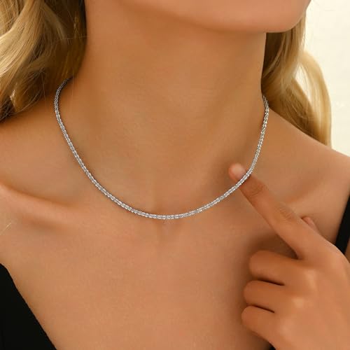 NONAMOIS Gold Chain Necklace for Women Dainty 18K Gold Plated Thin Satellite Beaded Turquoise Necklace Simple Layered Boho Jewelry Christmas Gifts - color: Shiny Rope-White Gold