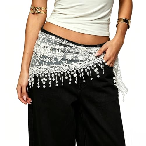 Women's Floral Lace Triangle Hip Scarf Head Kerchief Tie Waist Belt Sheer Hip Wrap Boho Head Scarf Hair Accessory - color: Z1-white