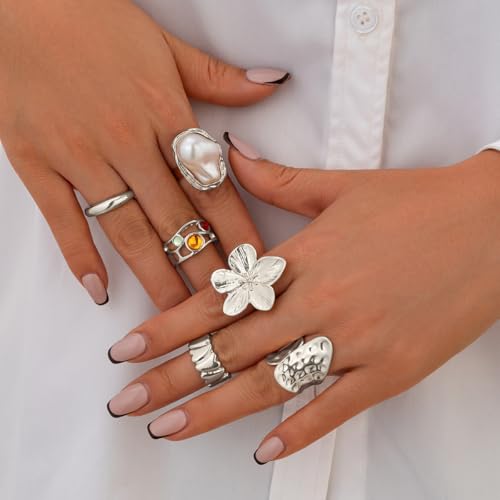 Chunky Rings for Women Adjustable Thick Rings Set Trendy Statement Stackable Ring for Women Chunky Jewlery Irregular Dome Flower Finger Knkuckle Thumb Ring - style: Style 2