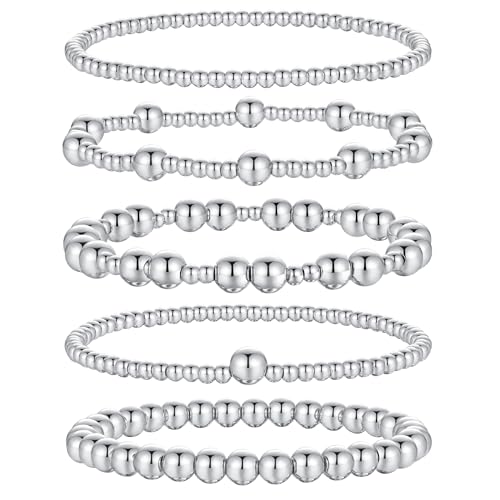 XIANNVXI 5PC Platinum Plated Silver Beaded Bracelet for Women Stretch Elastic Stackable Bead Ball Bracelet Trendy Set Women Dainty Jewelry - color: Silver B