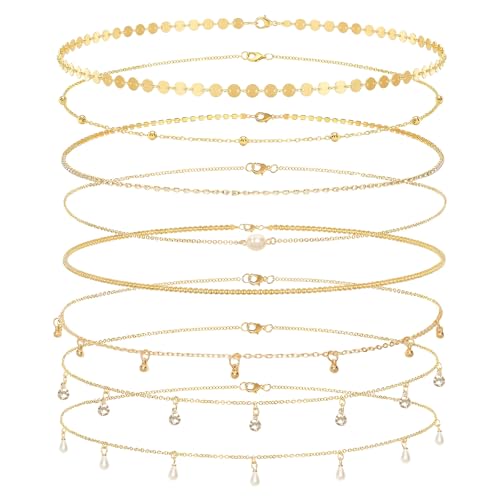 8Pcs Gold Waist Chain Set for Women Sexy Belly Body Chains Pearl Sequin Snake Bead Chains Belt Beach Bikini Jewelry Accessories Set Adjustable for Summer Beach Holiday Party - color: Set 1