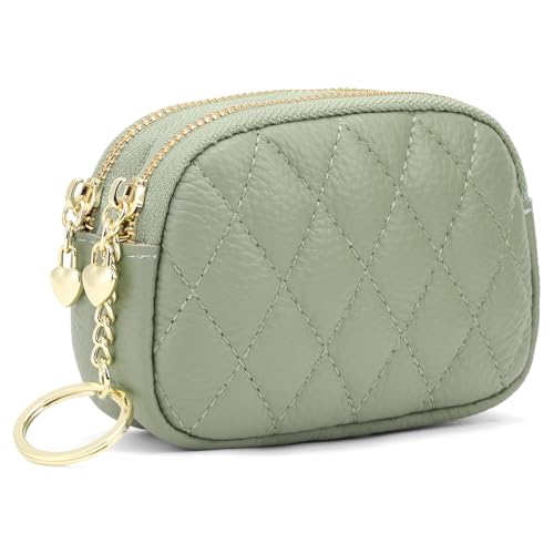 SENDEFN Women's Coin Purse Genuine Leather Wallet Small 2 Zippers Change Pouch Purse with Keychain Ring - color: 2-Green