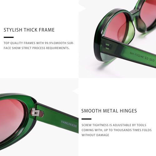VANLINKER Polarized Retro Oval Sunglasses for Women and Men Small 90s Style VL9580 - color: C22 Green Frame/Pink Lens