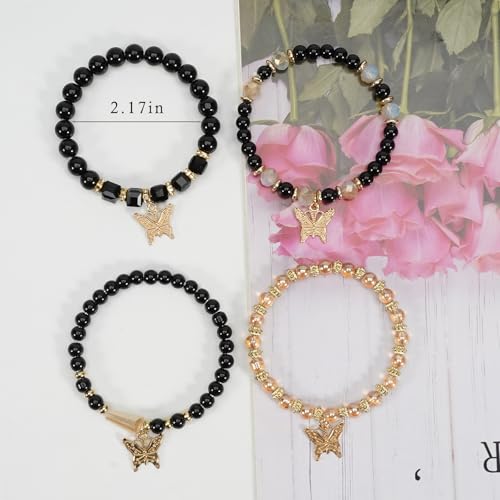 Bohemian Bracelet Sets for Women - 4-Pack Stackable Stretch Bead Bracelets with Black＆White Crystal & Gold Accessories, Multi-Layer Boho Jewelry - color: black butterfly
