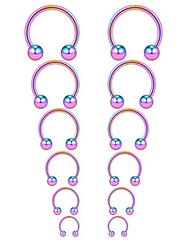 Ruifan 16G Surgical Steel CBR Nose Septum Horseshoe Earring Eyebrow Tongue Lip Nipple Helix Tragus Piercing Ring 6-16mm - color: 6PRS - Rainbow