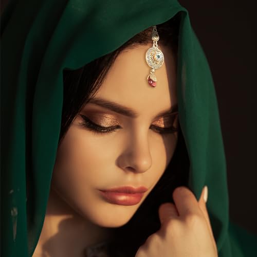 Duel On Jewel Indian Ethnic Jewelry Bundle for Women, Gold Plated Bell Anklet Payal Set with Teardrop Charms and Traditional Maang Tikka Headpiece, Bridal Festive Boho Wedding Dance Accessories