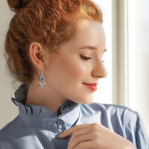 Natural Turquoise Earrings for Women Dangling 925 Sterling Silver Dangle Earrings Western Jewelry Christmas Gift for Sister Mother - style: C-Feather Earrings