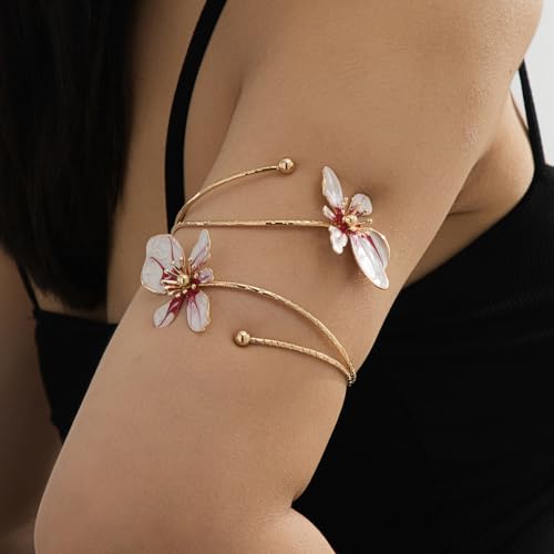 Flower Arm Cuff for Women Floral Upper Arm Bracelet Pink Flower Jewelry Gold Tone Adjustable Upper Arm Cuff Jewelry for Party and Daily Wear