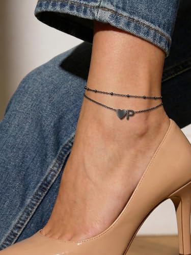 Silvora Ankle Bracelets for Women Waterproof 14K Gold/Silver/Black Initial Anklet for Women Dainty Layered Heart Ankle Bracelets Stainless Steel Adjustable Foot Chain Anklet Summer Beach Jewelry - color: Black-Stainless Steel, size: 16.P