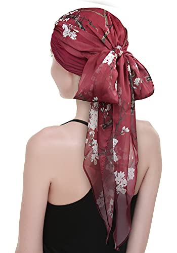Chemo Headwear Turbans for Women Long Hair Head Scarf Headwraps Cancer Hats - color: Burgundy Wintersweet