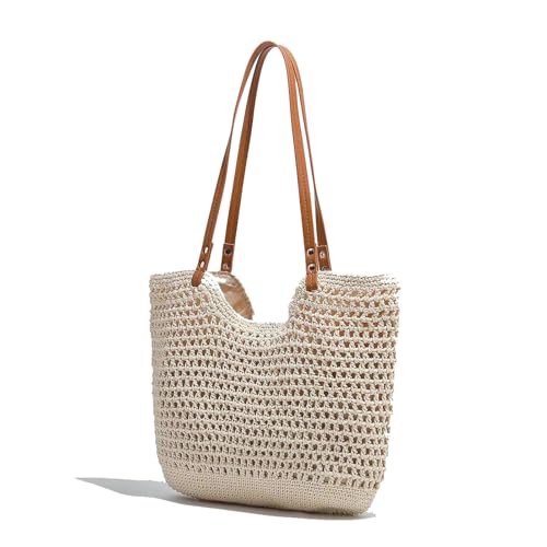 Cotton Fibre Crochet Beach Tote Bag for Vacation,Bohemian Cotton Hobo Shoulder Bag Casual Woven Purse for Women - color: Beige Shoulder Bag - 3