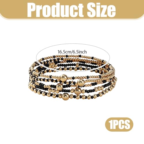 Dainty Gold Beaded Stack Bracelets for Women, Boho Bohemian Black Stackable Stretch Bead, Handmade Colorful Seed Beads Layering Jewelry