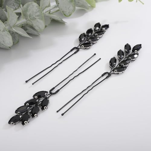3pcs Black Rhinestones Beads Hair Pins for Women Girls Wedding Bridal Vintage Hair Styling Jewelry (Black) - color: Black
