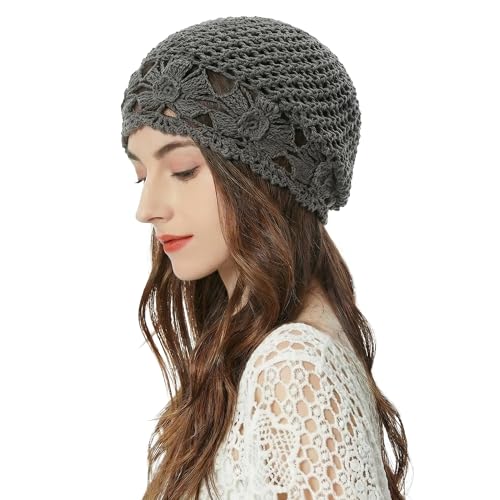 ZLYC Women Cotton Crochet Slouchy Beanie Hat Handmade Knit Summer Skull Cap - color: Flowers Grey