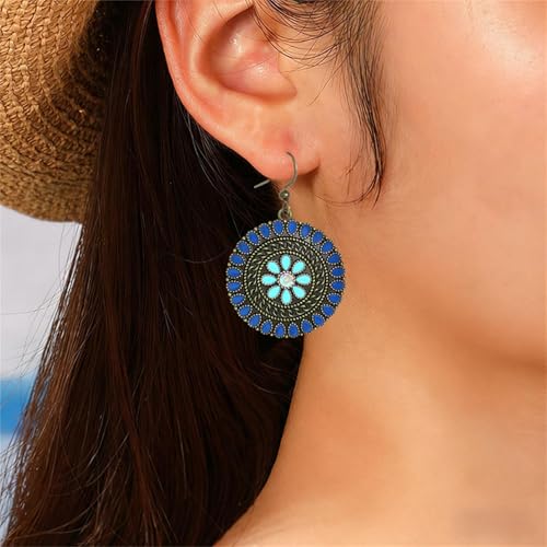MALOYANVE Vintage Boho Circular Flower Dangle Earring, Handmade Bronze Tribal Round Enamel Floral Drop, Bohemian Ethnic Statement Jewelry Gift for Women - color: Blue