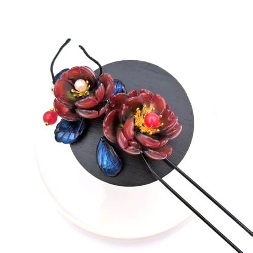 Dark Red Resin Hair Stick with Blue Leaves, Elegant Chinese Hanfu Hairpin for Women, Metal Hair Pin for Long Hair, Vintage Hair Accessory for Bun (Dark Red Rose) - color: Dark Red Rose