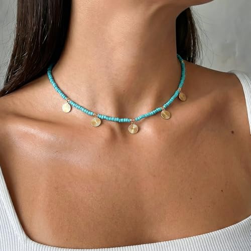 Colorful Boho Bead Choker Necklace Handmade Beaded Necklace Personalized Surfer Beach Necklaces for Women - color: XB Green 08