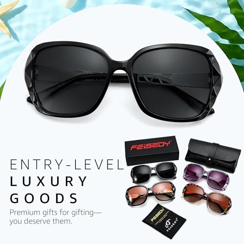 FEISEDY Polarized Women Square Sunglasses Sparkling Composite Shiny Frame B2289 - color: Glossy Black