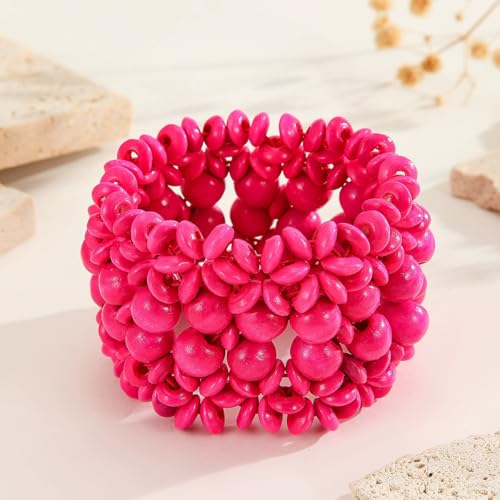 Bohemian Wooden Bead Bracelets Boho Colorful Handmade Elastic Stretch Bracelets Design for Women Summer Beach Festival Jewelry - color: Pink