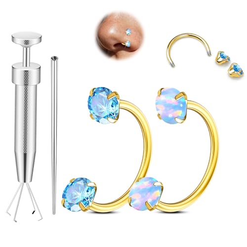 Opal Nose Ring Studs Horseshoe Nose Rings Hoops Stud 316L Stainless Steel Nose Rings Round CZ Square Screw L Shaped Nose Stud Hypoallergenic Nostril Piercing Jewelry for Women Men - color: Gold/3.0mm Blue gem/20gauge