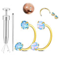 Opal Nose Ring Studs Horseshoe Nose Rings Hoops Stud 316L Stainless Steel Nose Rings Round CZ Square Screw L Shaped Nose Stud Hypoallergenic Nostril Piercing Jewelry for Women Men - color: Gold/3.0mm Blue gem/20gauge