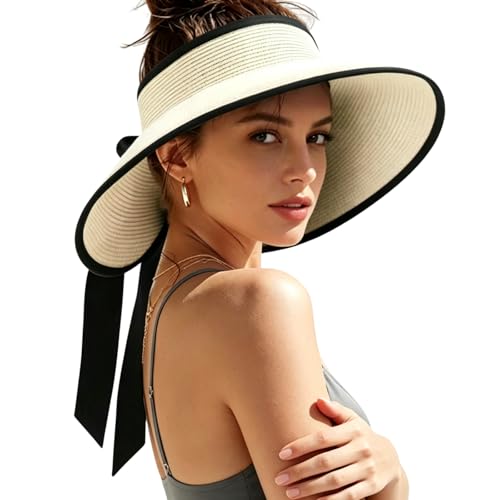 Women's Sun Visor Hats Wide Brim Beach Hat Straw Ponytail Visor Packable Foldable UPF 50+ Floppy Travel Hats - color: Beige01