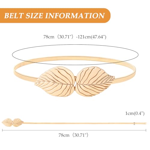 E-Clover Womens Fashion Metal Stretch Waist Skinny Belt Waistband - color: Gold Leaves-02