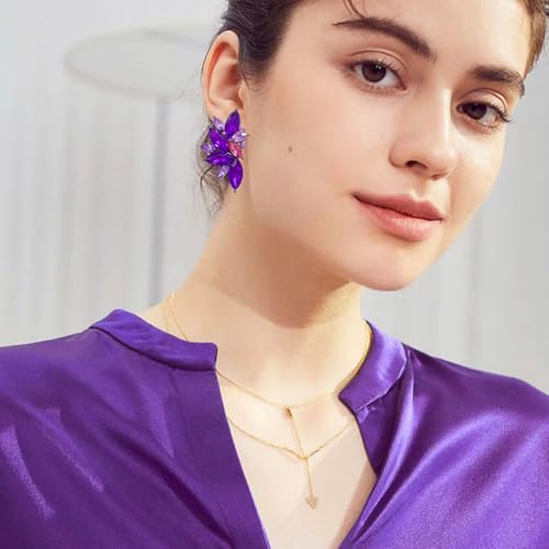 Bohemian Statement Sparkly Colourful Fancy Rhinestone Crystal Flower Dangle Drop Stud Earrings Vintage Wedding Bridal Prom Earrings for Women - color: Purple Pink