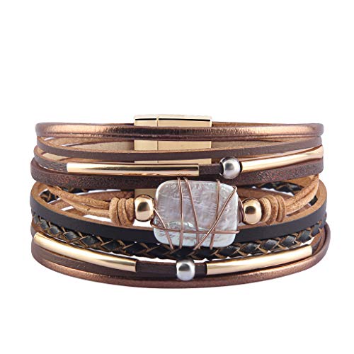 GelConnie Leather Cuff Bracelet Baroque Pearl Wrap Bracelet Gorgeous Gold Tube Bangle Boho Bracelet Bohemian Wristband Jewelry Gift for Women Wife - color: Leather Cuff Bracelet-Brown