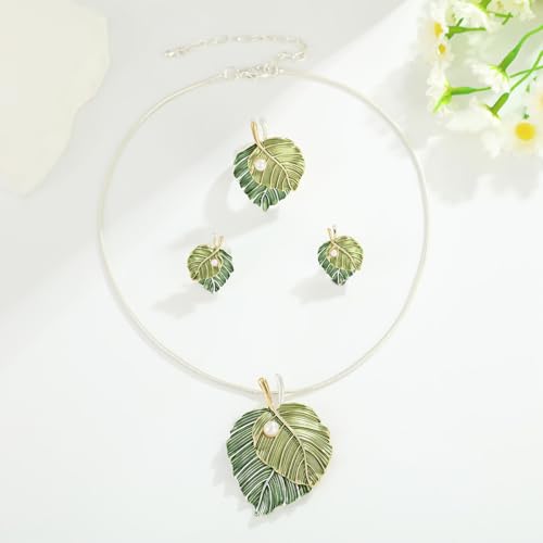 Vintage Chunky Statement Jewelry Set Retro Leaf Floral Geometric Bohemian Boho Bib Necklace Earring Set Fashion Costume Jewelry for Women Girls Wedding Party Prom Unique Gift - style: 2 leaves pearl JS Ring silver green