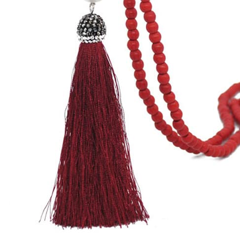 Handmade Multicolor Long Tassel Fringe Pendant Necklace Turquoise Pearl Crystal Mala Beads Necklace for Women Ethnic Boho Prayer Jewelry - color: red