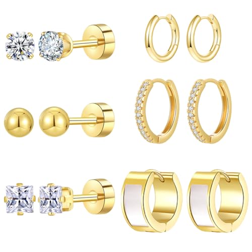 Silver Gold Plated Surgical Steel Flat Back Earrings for Women Hypoallergenic 14K Gold Plated Stud Huggie Earring Set Fashion Shell Cubic Zirconia Flatback Studs Cartilage Earrings Pack for Multiple Piercing 5/8Pairs - color: 6 Pairs Gold Plated Shell Hoo