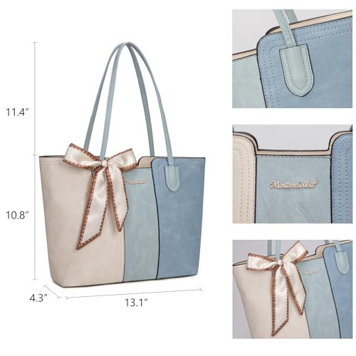 Montana West Tote Bags for Women Top Handle Satchel Purses - color: Beige With Blue